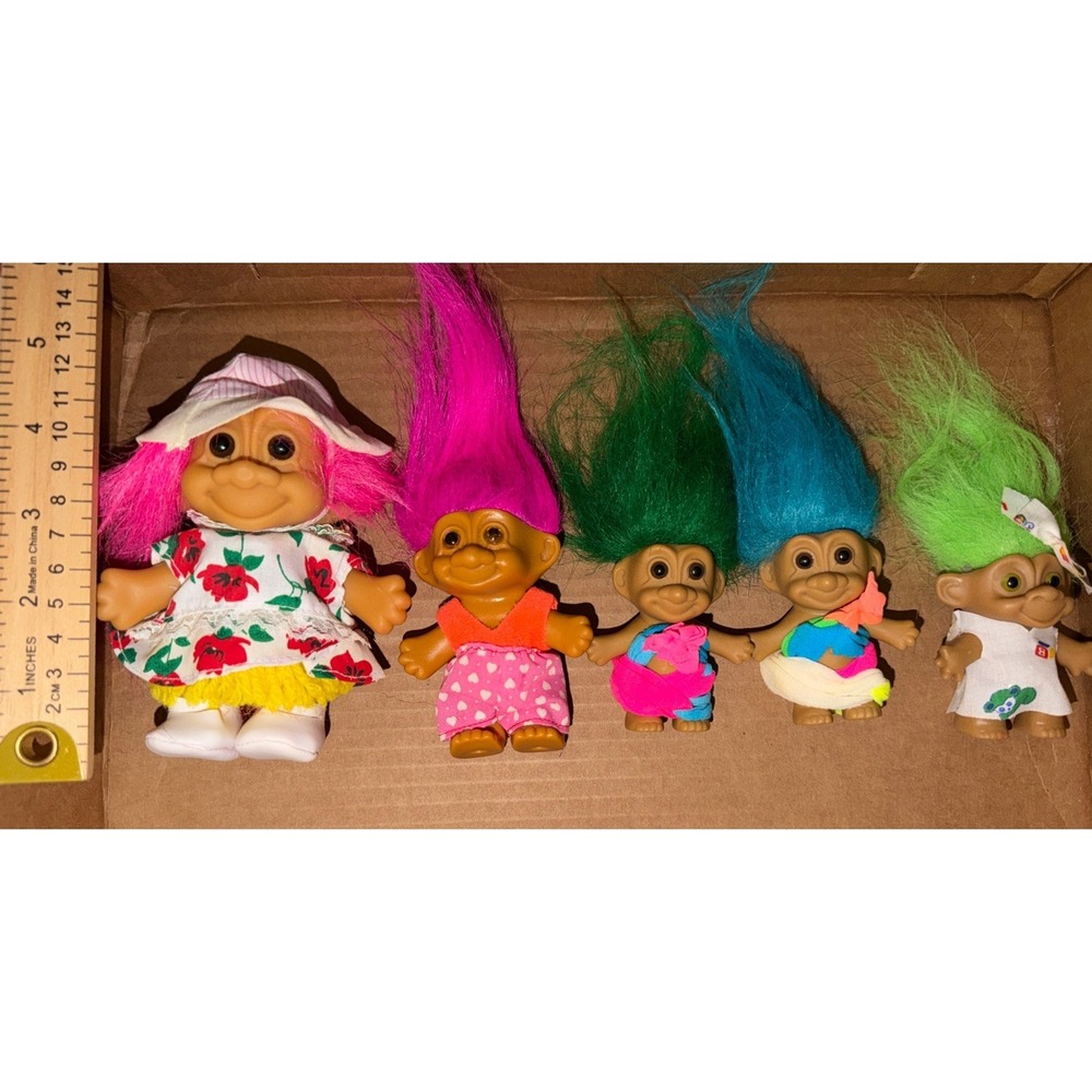 Vintage Troll Doll Lot of 5 Colorful Hair Retro 90s Toys Floral Heart Outfits